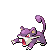 a pixel art illustration of a purple cat with a long tail .