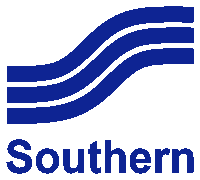 a blue and white logo for southern with a white background