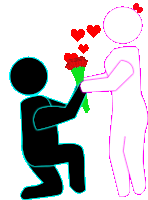 a drawing of a man kneeling down giving a bouquet of flowers to a woman