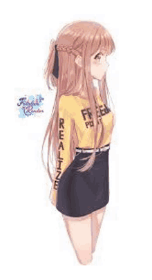 a girl with long hair is wearing a yellow shirt and black skirt .