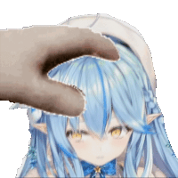 a hand is touching a girl 's head with blue hair