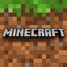 the minecraft logo is displayed on a pixelated background of dirt and grass .