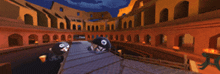 a blurred image of a building with arches and a few balls with skulls on them