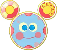 a blue circle with polka dots on it has a mickey mouse face on it