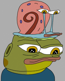 a cartoon of a snail sitting on top of a frog 's head