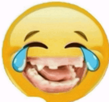 a smiley face with tears coming out of its eyes and a missing tooth .