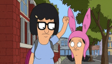 a cartoon character with glasses and bunny ears holds up her fist