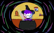 a cartoon of a witch with purple hair and a black hat