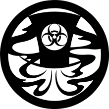 a black and white circle with a biohazard symbol on it