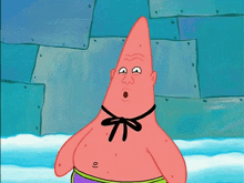 patrick star from spongebob is wearing a black bow tie around his neck