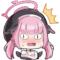 a cartoon of a girl with pink hair and black wings making a surprised face