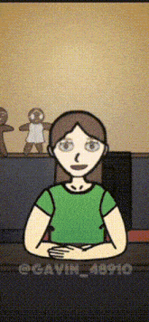 a cartoon of a woman sitting at a table with a gingerbread man in the background