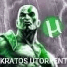 a statue of kratos from god of war is standing in front of a green circle with the letter u on it .