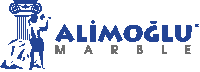 a blue and white logo for alimoglu marble with a statue