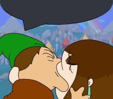 a cartoon of a man and woman kissing with a speech bubble in the background