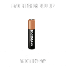 a duracell battery with the words bad bitches pull up and they gay below it