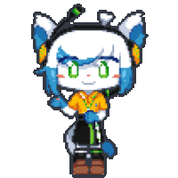 a pixel art drawing of a cat wearing headphones and a yellow shirt