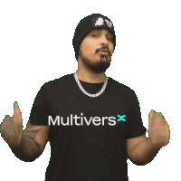 a man wearing a black shirt that says " multivers "