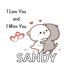 a poster that says i love you and i miss you sandy with two cats hugging each other