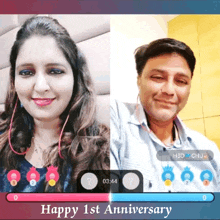 a man and a woman are on a video call with the words happy 1st anniversary in the corner