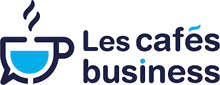 a logo for les cafes business shows a cup of coffee with steam coming out of it