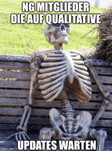 a skeleton is sitting on a wooden bench with the words ng mitglieder die auf qualitative updates warten