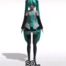 hatsune miku is standing in front of a white background and says `` so '' .