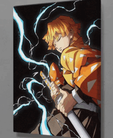 a painting of a person holding a sword with lightning behind him