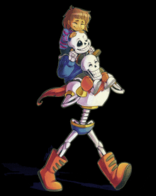 a cartoon drawing of a girl riding on the shoulders of two skeletons