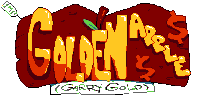 a logo for golden axe garry gold has a red background