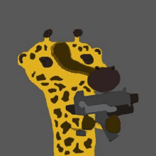 a giraffe is holding a gun in its mouth and looking at the camera .