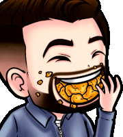 a cartoon drawing of a man with a beard eating a piece of food