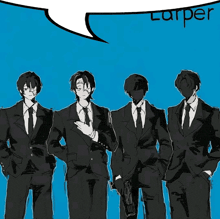 four men in suits and ties are standing in front of a blue background with the word carper above them