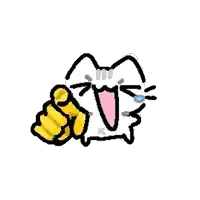 a cartoon cat is pointing at the camera and crying .