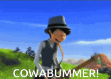 a cartoon character is standing in a field with the words cowabummer written on the bottom