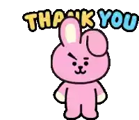 a pink bunny is standing in front of a white background and says thank you .