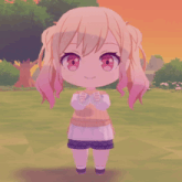 a girl with pink hair is standing in a field and smiling