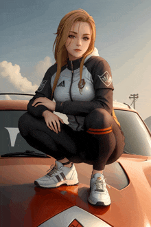 a girl squatting on the hood of an orange car with an adidas jacket on