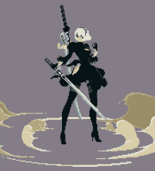 a pixel art drawing of a woman holding two swords