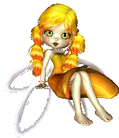 a fairy with yellow hair and white wings is sitting on a white surface