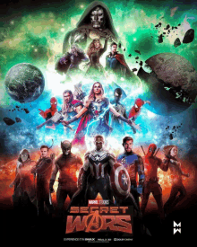 a poster for marvel studios secret wars shows a group of superheroes