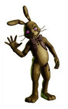 a yellow rabbit with purple eyes and a bow tie is waving .