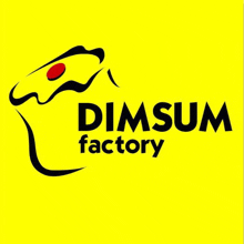 a yellow logo for dimsum factory with a drawing of a dim sum on a yellow background .