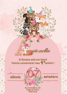 a birthday invitation for antonella is pink and has animals on it