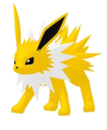 a yellow and white pokemon with a black ear is standing on a white surface .