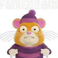 a cartoon mouse wearing a purple sweater and a purple hat says freezing !!!