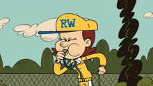 a cartoon character wearing a yellow hat that says rw on it