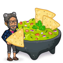 a cartoon of a man standing next to a bowl of guacamole and chips