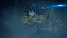 a cartoon character is holding a blue sword in his hand
