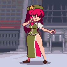 a pixel art drawing of a girl with red hair and a green hat